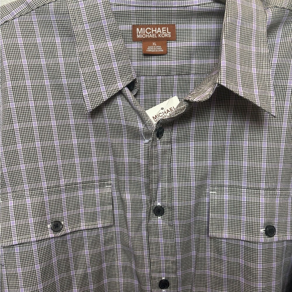 NWT- Men’s Michael Kors button front black and purple plaid dress shirt - XL